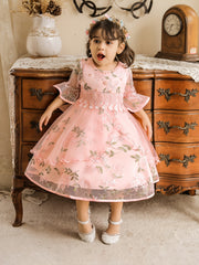 Girls Princess Embroidered Tulle Dress Puffy Birthday Wedding Gown