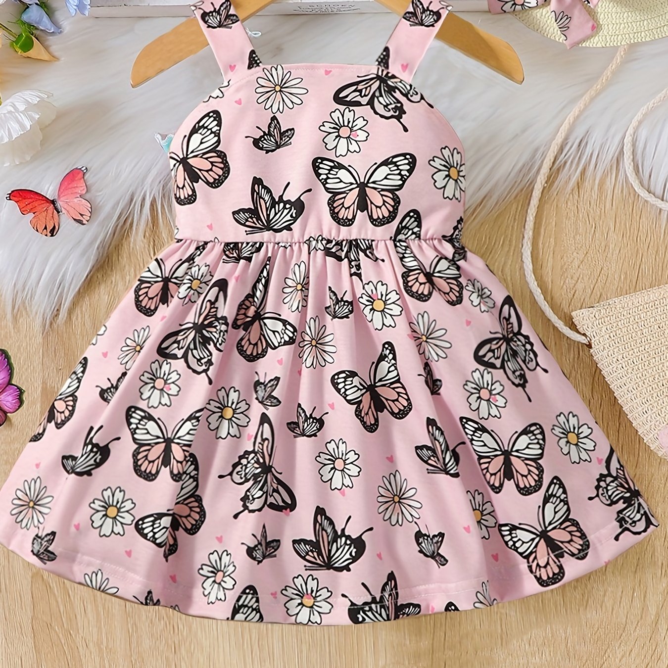 2pcs Baby Girls Butterfly Cami Dress & Hat Set for Summer