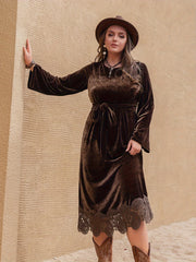 Velvet Lace Sleeve Round Neck Dress With Belt