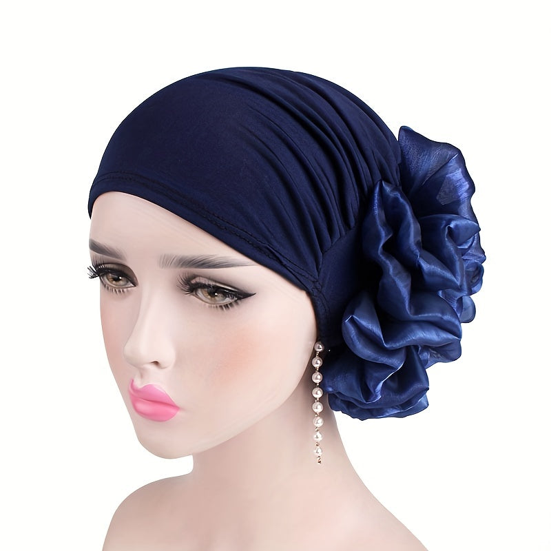 Navy Elastic Turban Hat 3D Flower Pleated Chemo Cap Head Wrap Bonnet