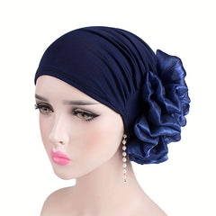 Navy Elastic Turban Hat 3D Flower Pleated Chemo Cap Head Wrap Bonnet