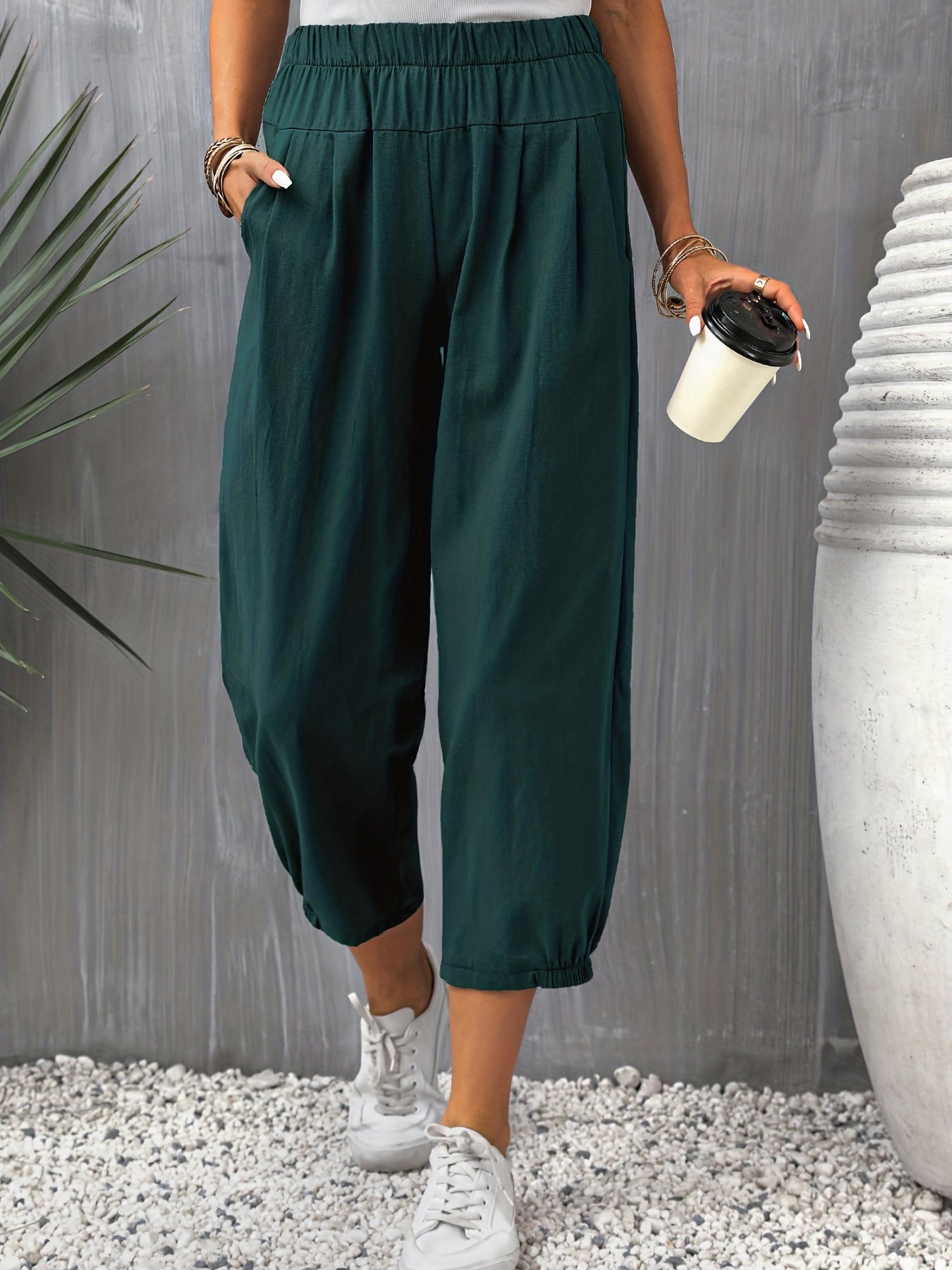 Solid Cropped Pants Casual Elastic Waist Tucked Pants