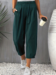 Solid Cropped Pants Casual Elastic Waist Tucked Pants