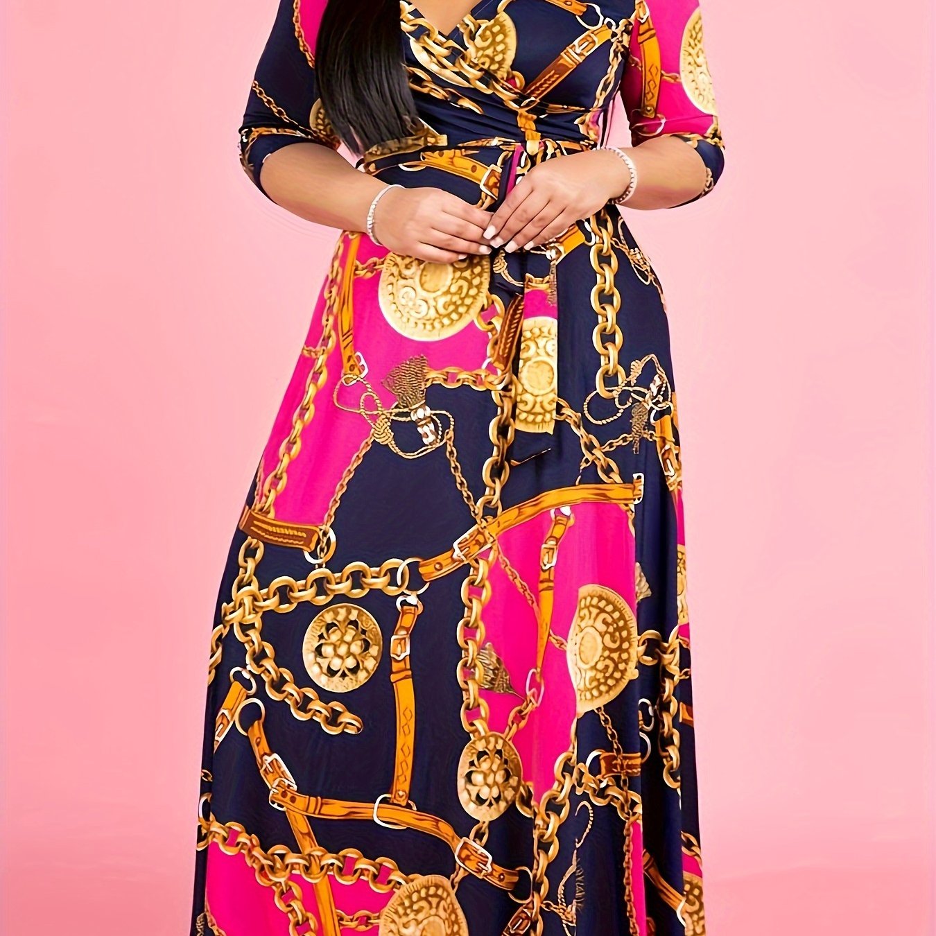 Colorblock Chain Print Maxi Dress
