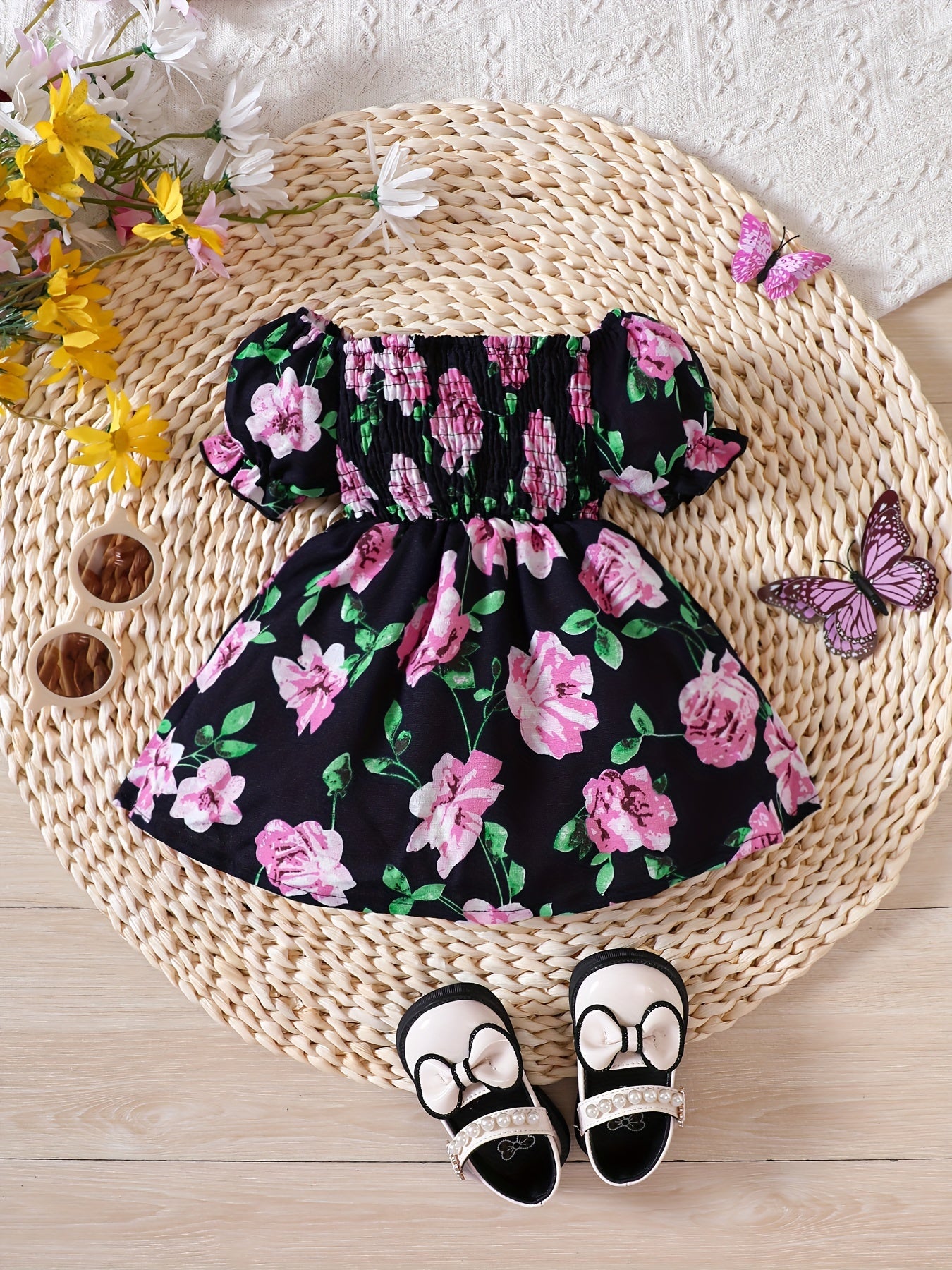 Baby Girls Butterfly Floral Print Puff Sleeve Dress for Summer