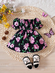 Baby Girls Butterfly Floral Print Puff Sleeve Dress for Summer