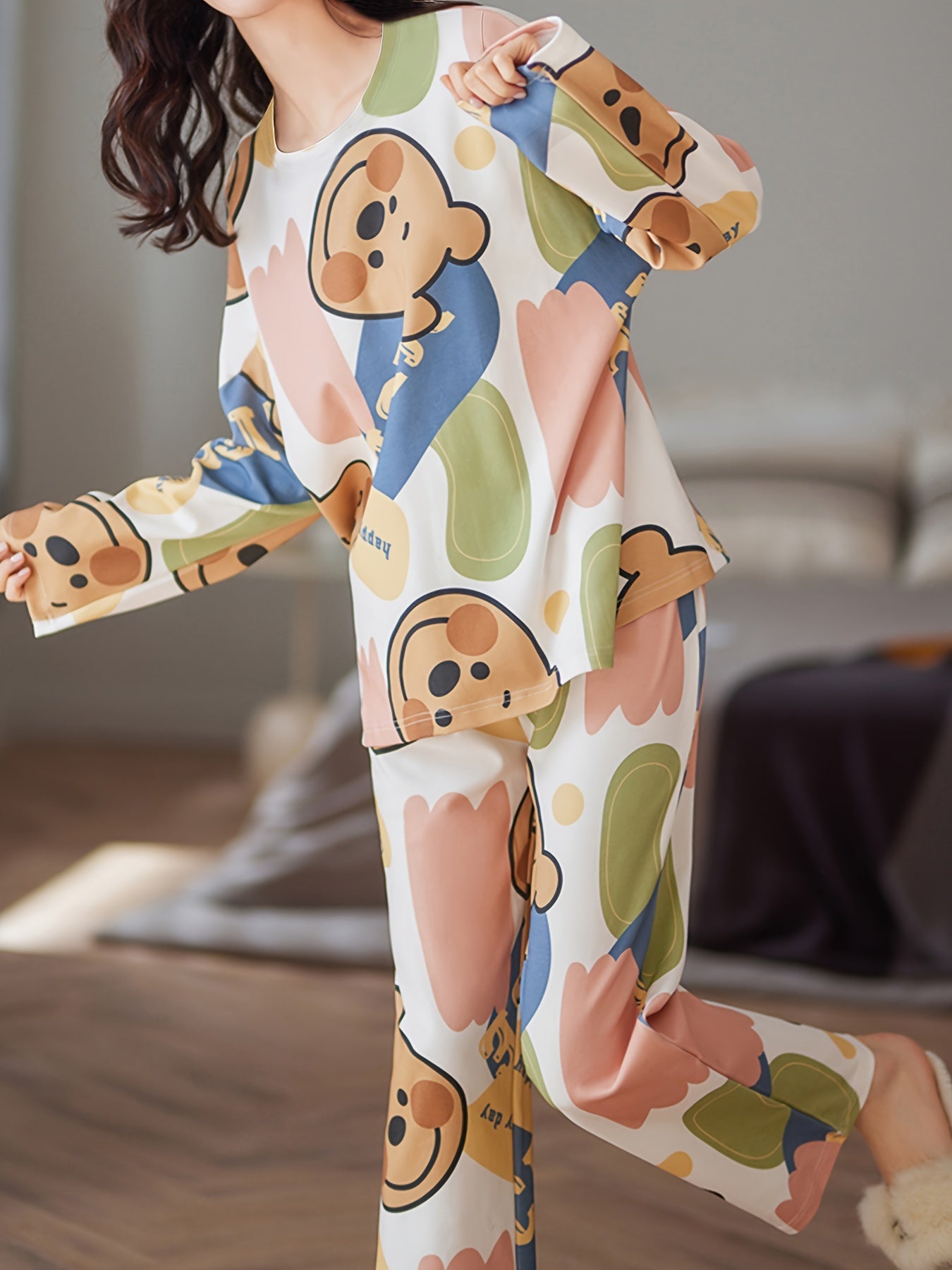 Bear Print Pajama Set Long Sleeve Top & Pants Women's Sleepwear