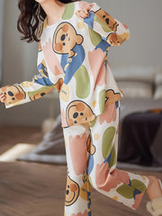 Bear Print Pajama Set Long Sleeve Top & Pants Women's Sleepwear