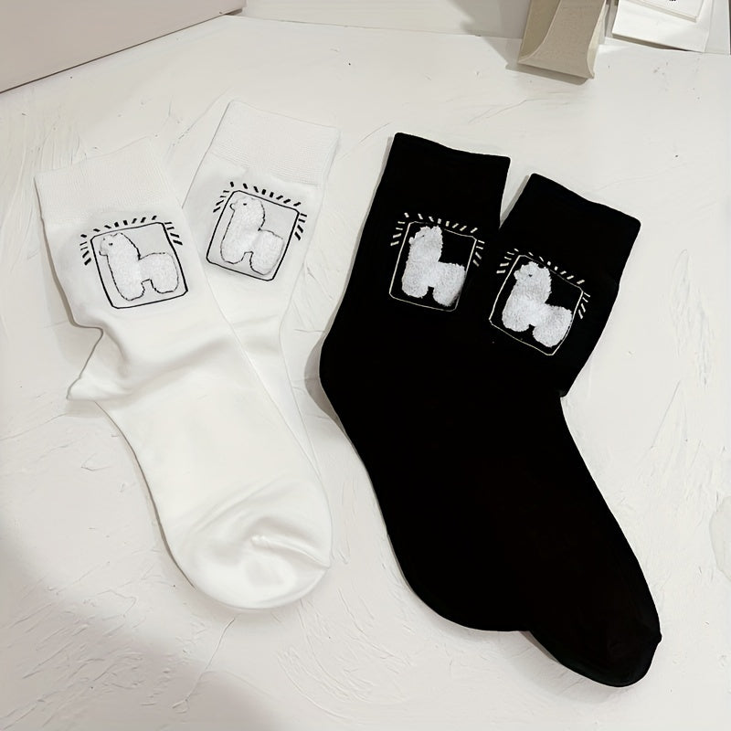 2 Pairs Alpaca Print Socks Comfy Mid Tube Women's Stockings
