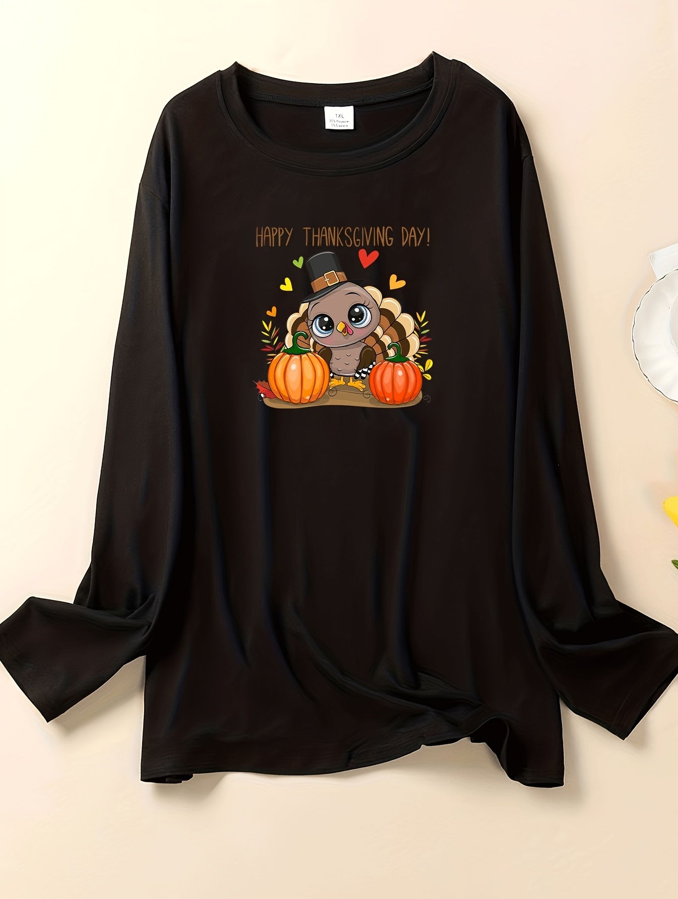 Turkey & Pumpkin Print Long Sleeve Round Neck Lounge Top
