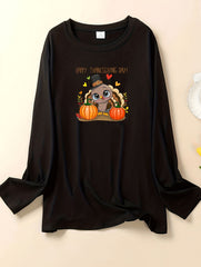 Turkey & Pumpkin Print Long Sleeve Round Neck Lounge Top
