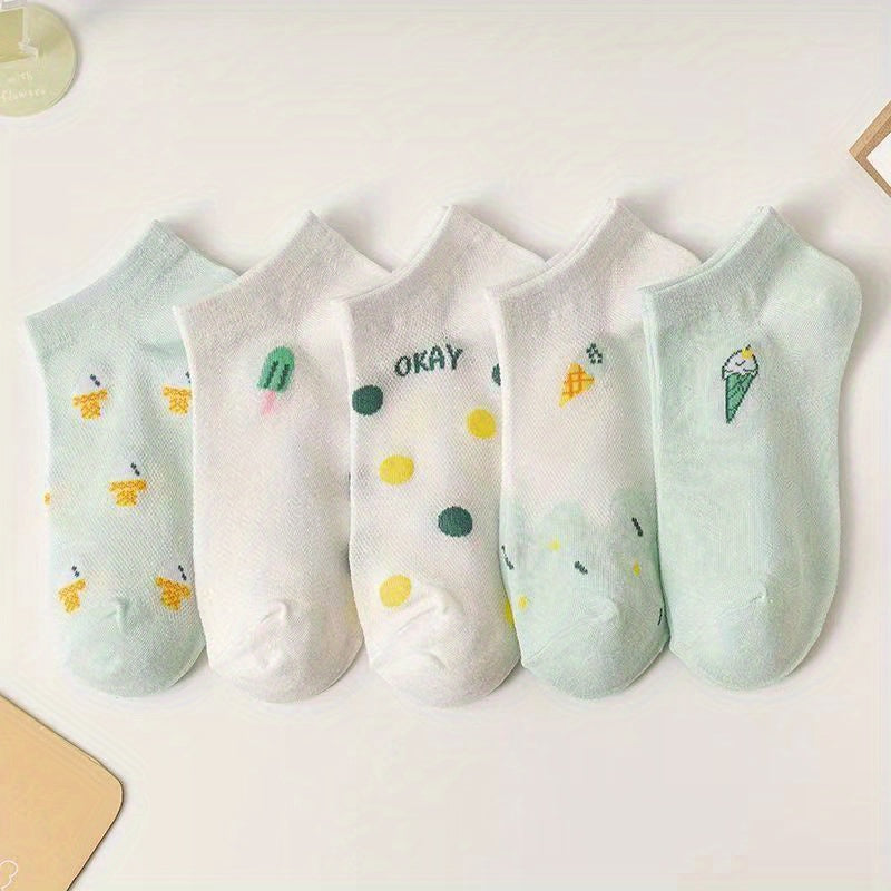 5 Pairs Cartoon Print Low Cut Ankle Socks Women Stockings
