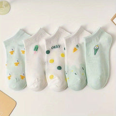 5 Pairs Cartoon Print Low Cut Ankle Socks Women Stockings