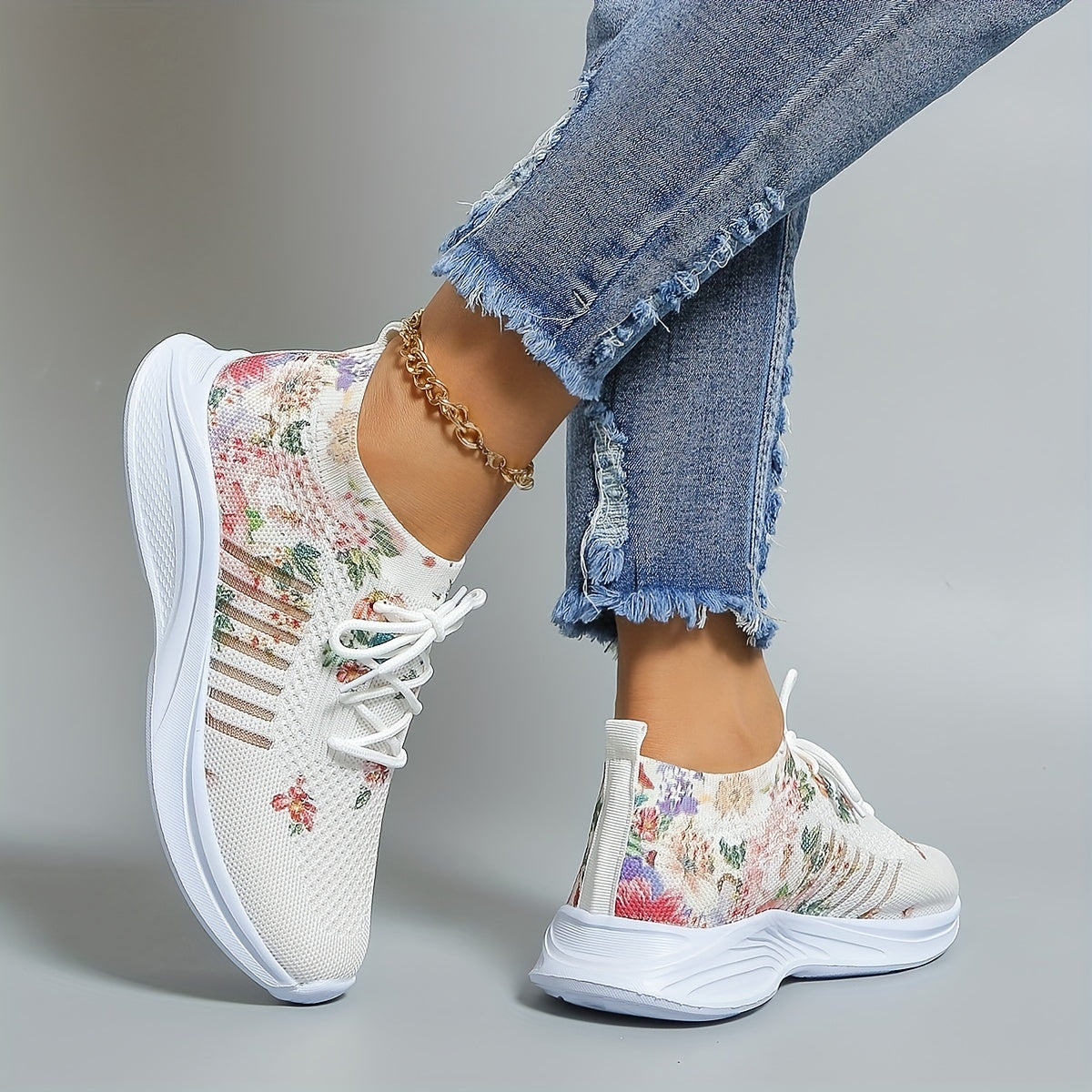 Women's Floral Print Sports Shoes Knit Low Top Running Shoes