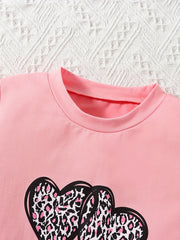 Girl's Leopard Heart T-shirt & Camo Shorts Set for Summer