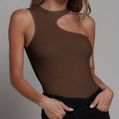 Sexy Asymmetrical Solid Bodysuit Sleeveless Crew Neck Women's Clothing