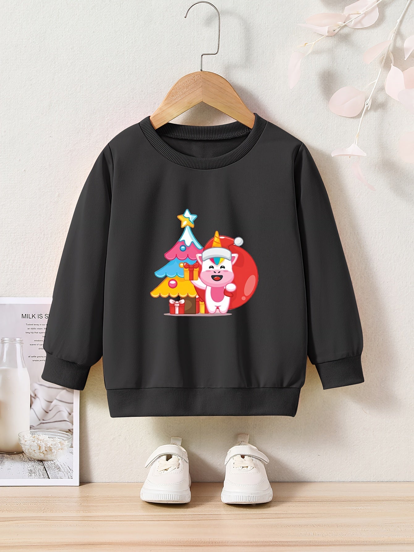 Christmas Unicorn & Tree Print Girls Sweatshirt Long Sleeve Crew Neck Tops