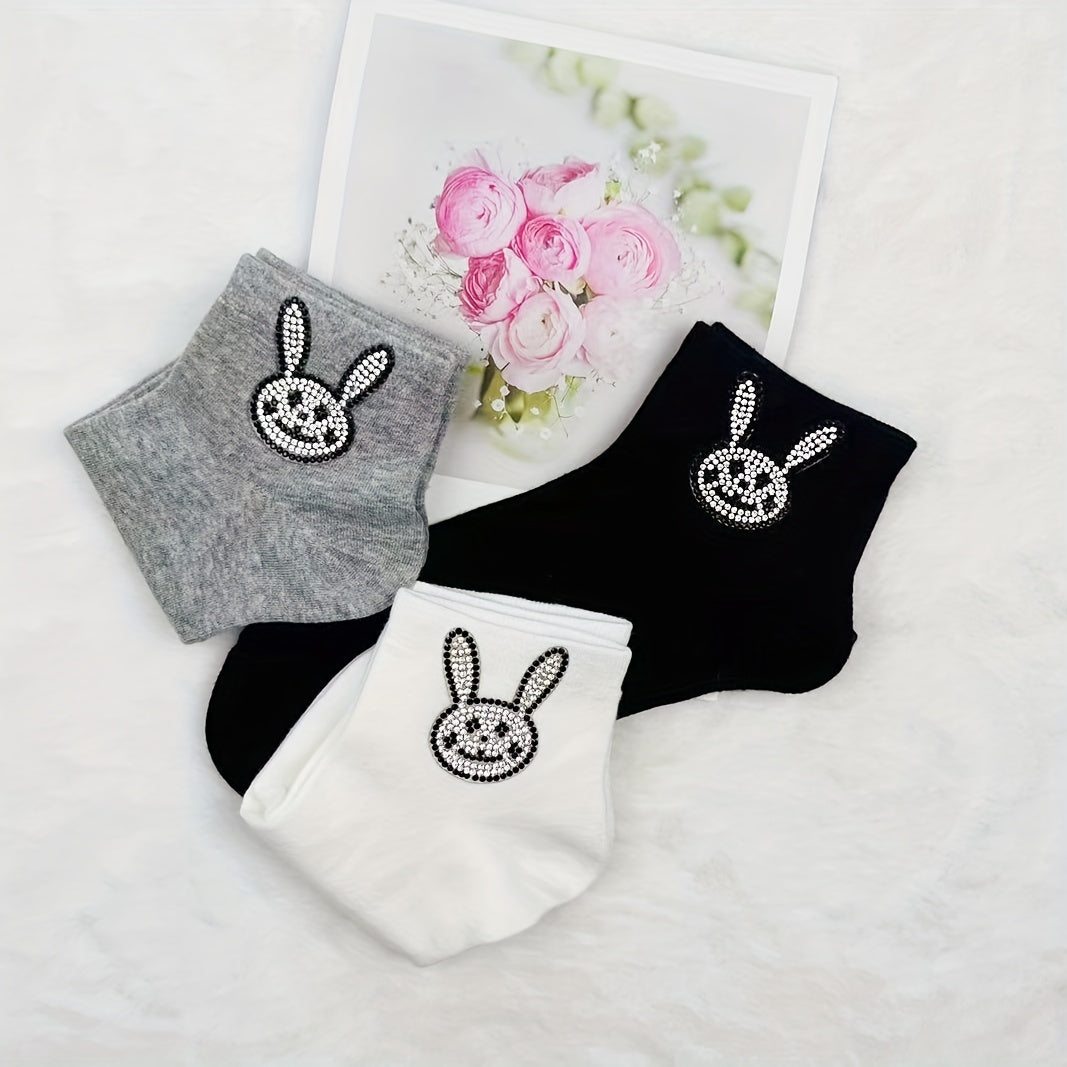 5 Pairs Bunny Rhinestone Socks Women's Crew Short Stockings