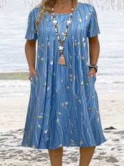 Leaf Print Short Sleeve Casual Dress With Pockets