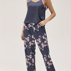 Floral Print Pajama Set V Neck Cami Top & Elastic Waistband Pants