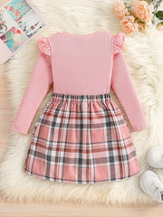 Girl's Ribbed Long Sleeve Top & Plaid Skirt Set Button Decor Outfit