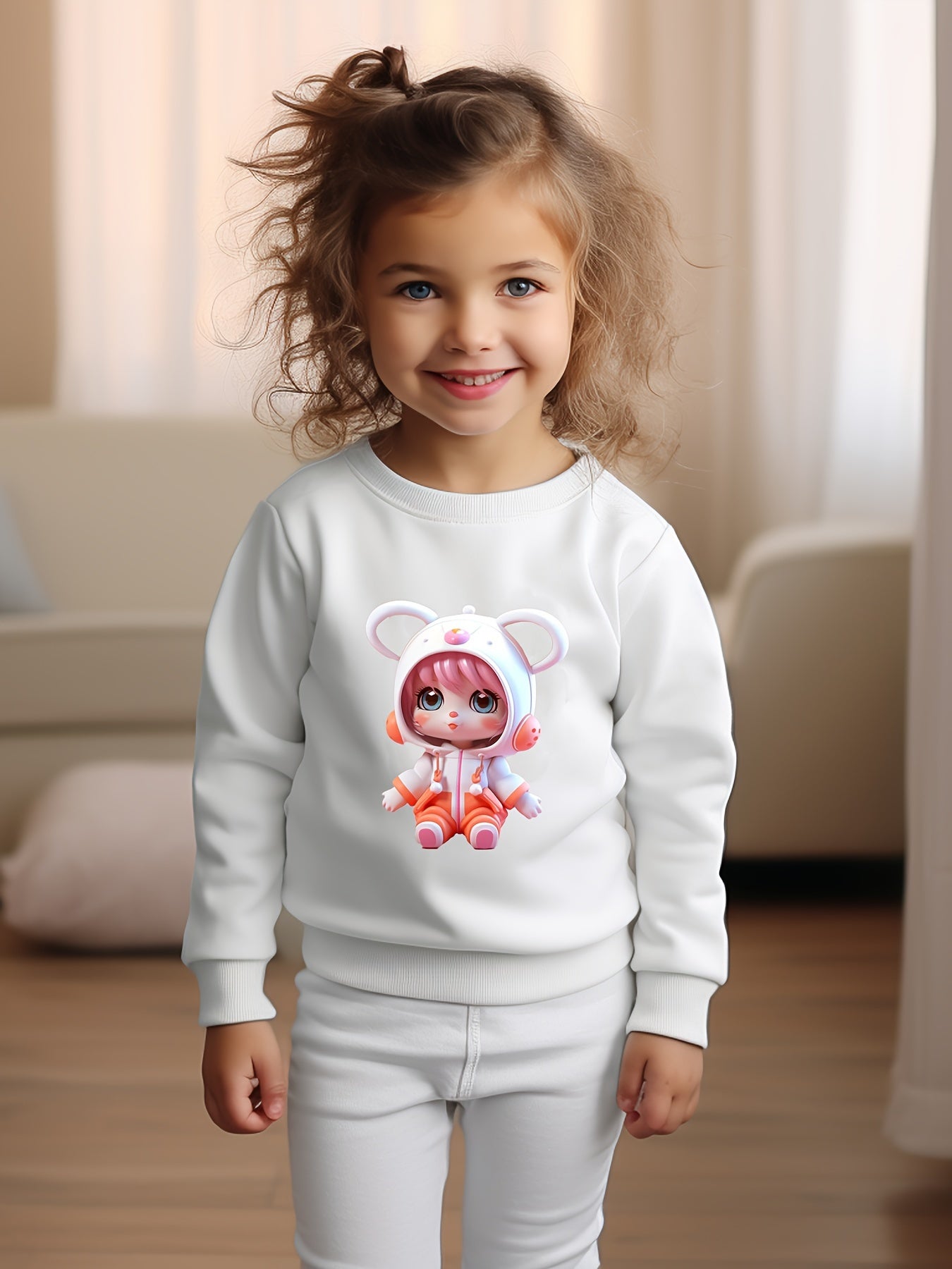 Girl Print Sweatshirt Crew Neck Pullover For Kids