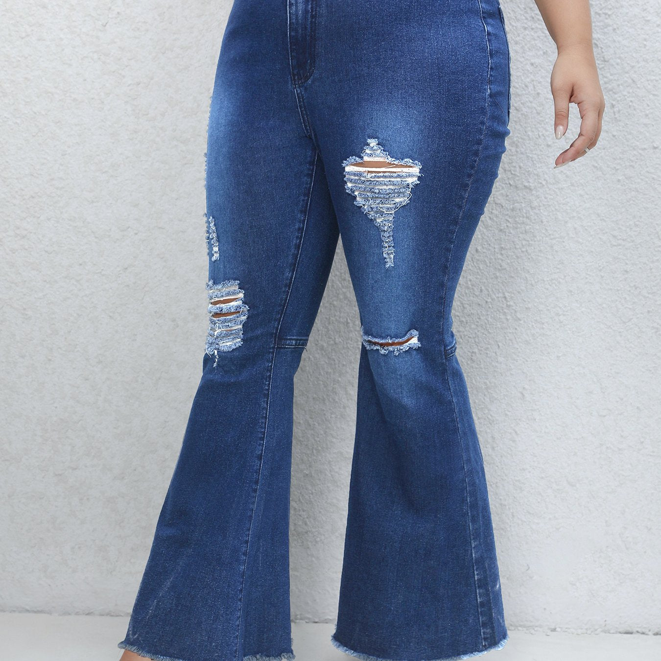 High Rise Flared Leg Jeans - Solid Ripped Trim Button Fly