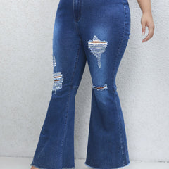 High Rise Flared Leg Jeans - Solid Ripped Trim Button Fly