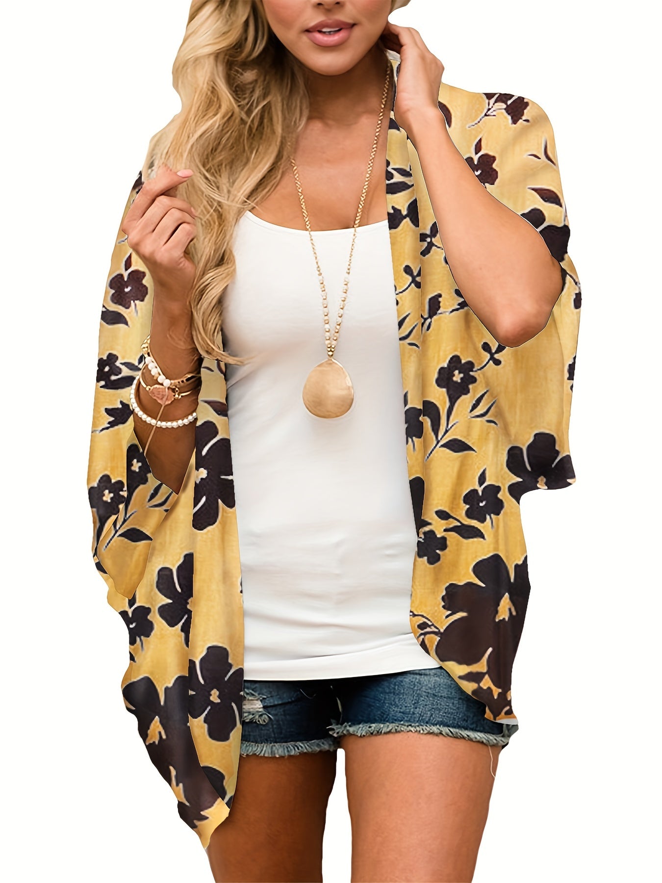 Floral Print Cover Up Shirt V Neck Kimono