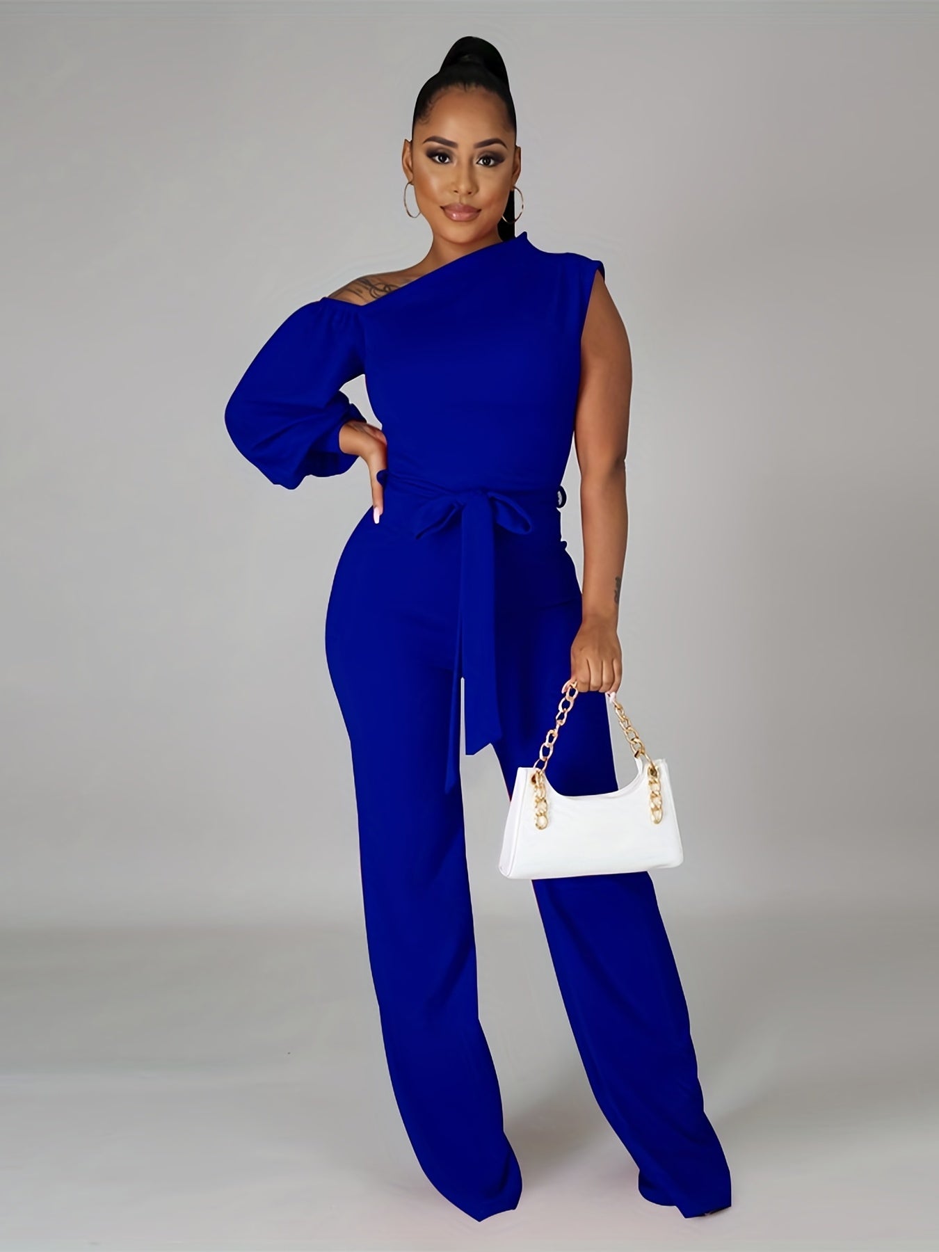 One Shoulder Jumpsuit Long Sleeve Knot Long Length