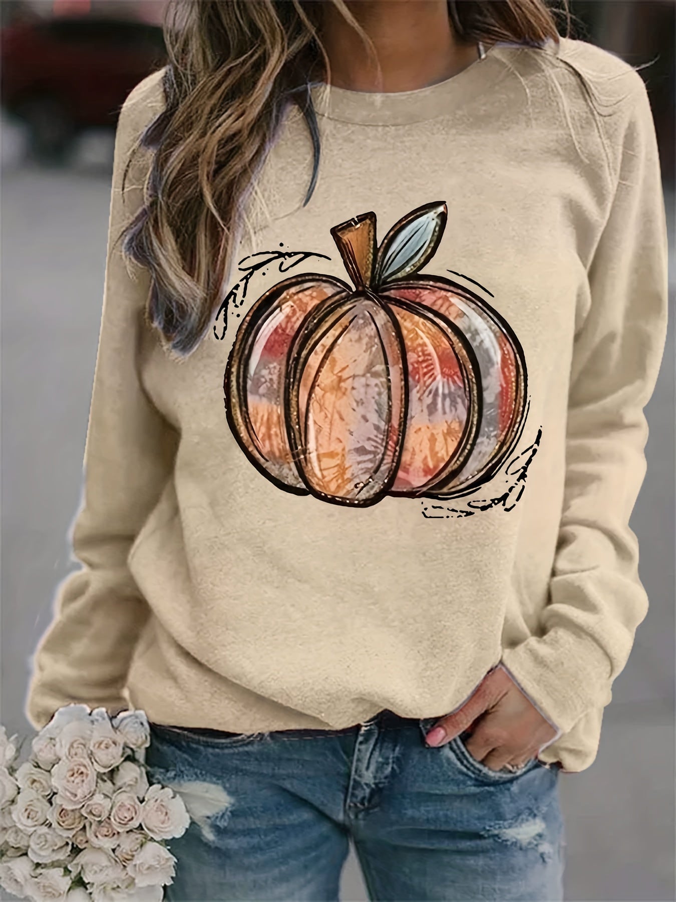Halloween Pumpkin Print Sweatshirt Long Sleeve Crew Neck Women's Clothing