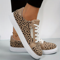 Leopard Print Skate Shoes Zipper Lace Up Low Top Sneakers Flat Walking Shoes