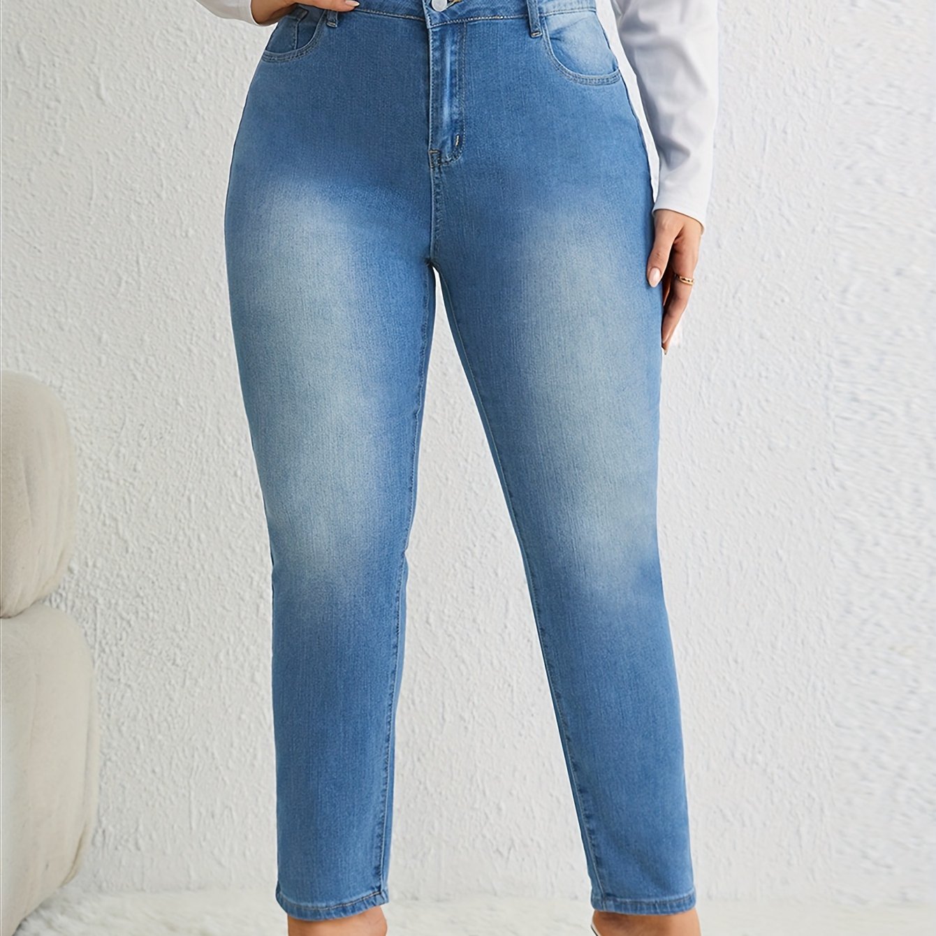 Solid Button Up Slim Fit Elastic Comfort Jeans