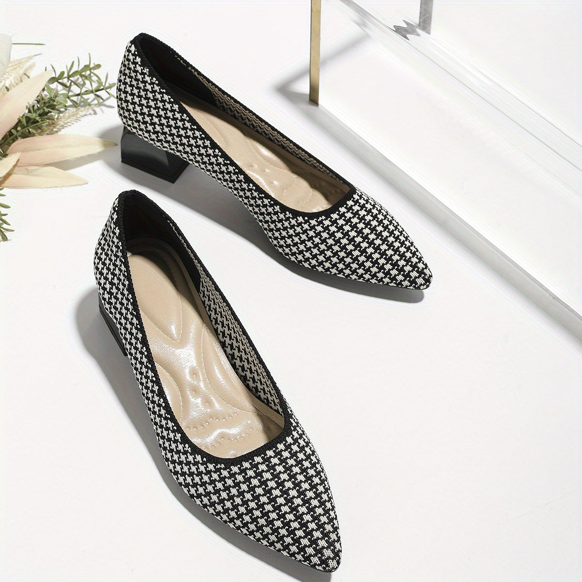 Women's Houndstooth Slip On Chunky Heels Lightweight Shoes