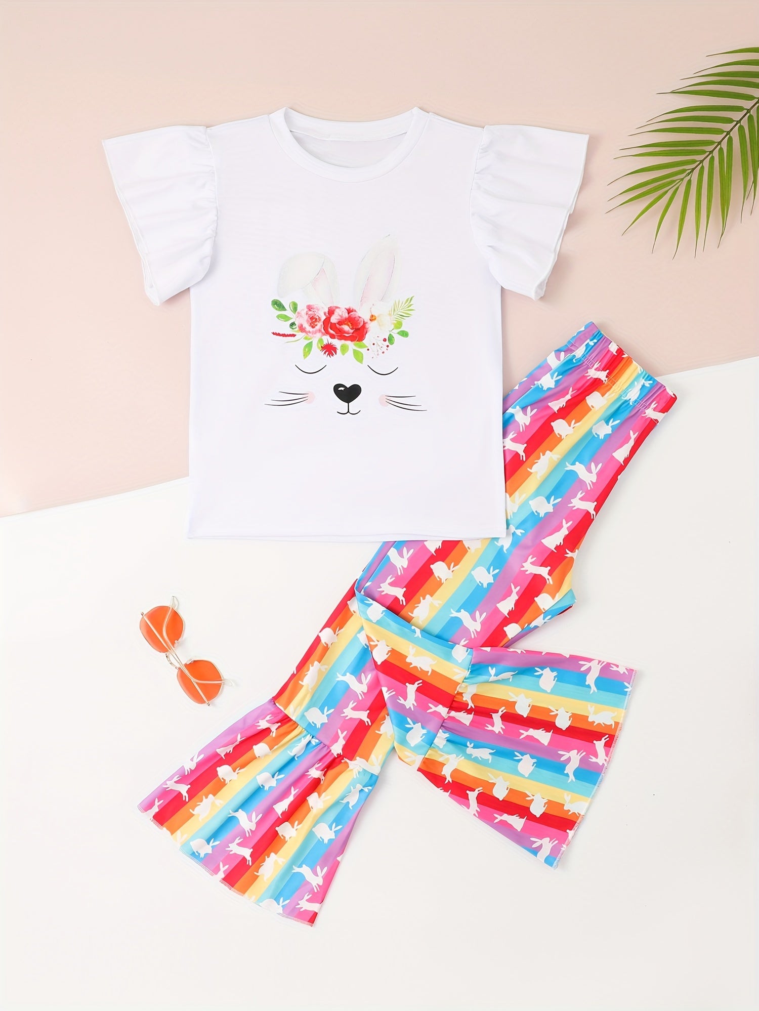 Girls Bunny Graphic 2pcs Outfits with Stripped Flare Pants