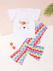 Girls Bunny Graphic 2pcs Outfits with Stripped Flare Pants
