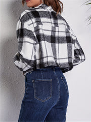 Plaid Crop Jacket Long Sleeve Casual Winter Clothing