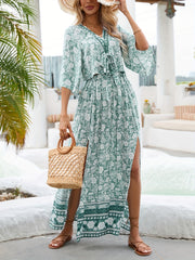 Boho Floral Print 2pc Set V Neck Tie Front Tops & Maxi Skirts Outfit