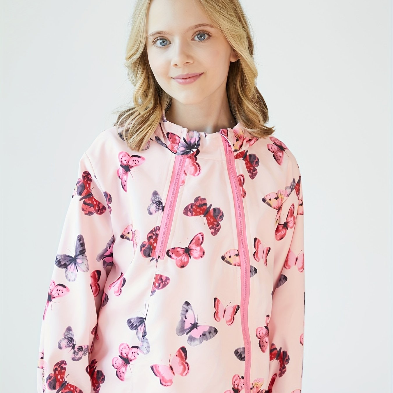 Girls' Butterfly Print Zip Hooded Windbreaker for Outdoor Girls