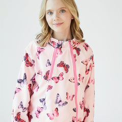 Girls' Butterfly Print Zip Hooded Windbreaker for Outdoor Girls