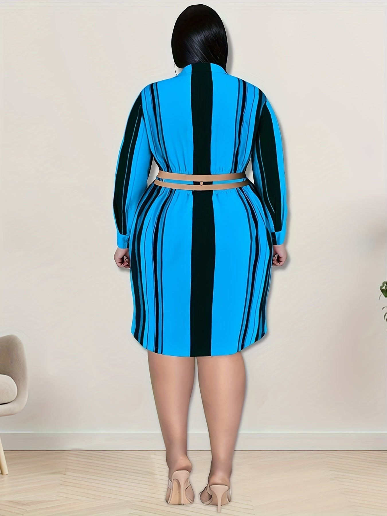 Colorblock Stripe Print Button Up Shirt Dress