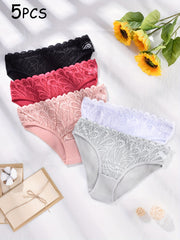 5pcs Floral Lace Ribbed Panties Comfy & Breathable Intimates Panties