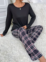Plaid Print Pajama Set Long Sleeve Crew Neck Top & Elastic Waistband Pants
