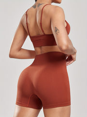Solid Ribbed Yoga Set Sports Bra & High Waist Shorts