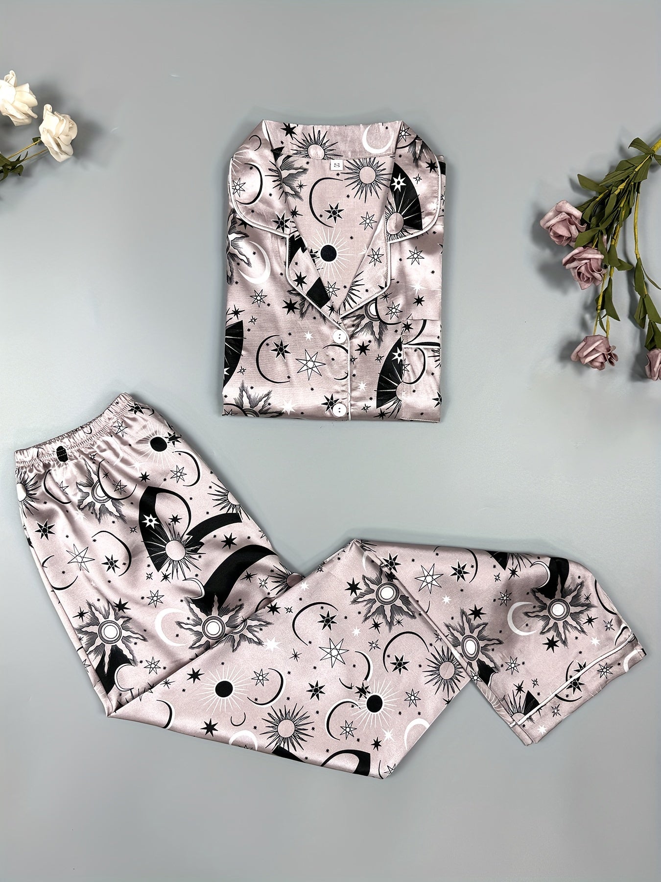 Starry Print Satin Pajama Set Long Sleeve Top & Pants