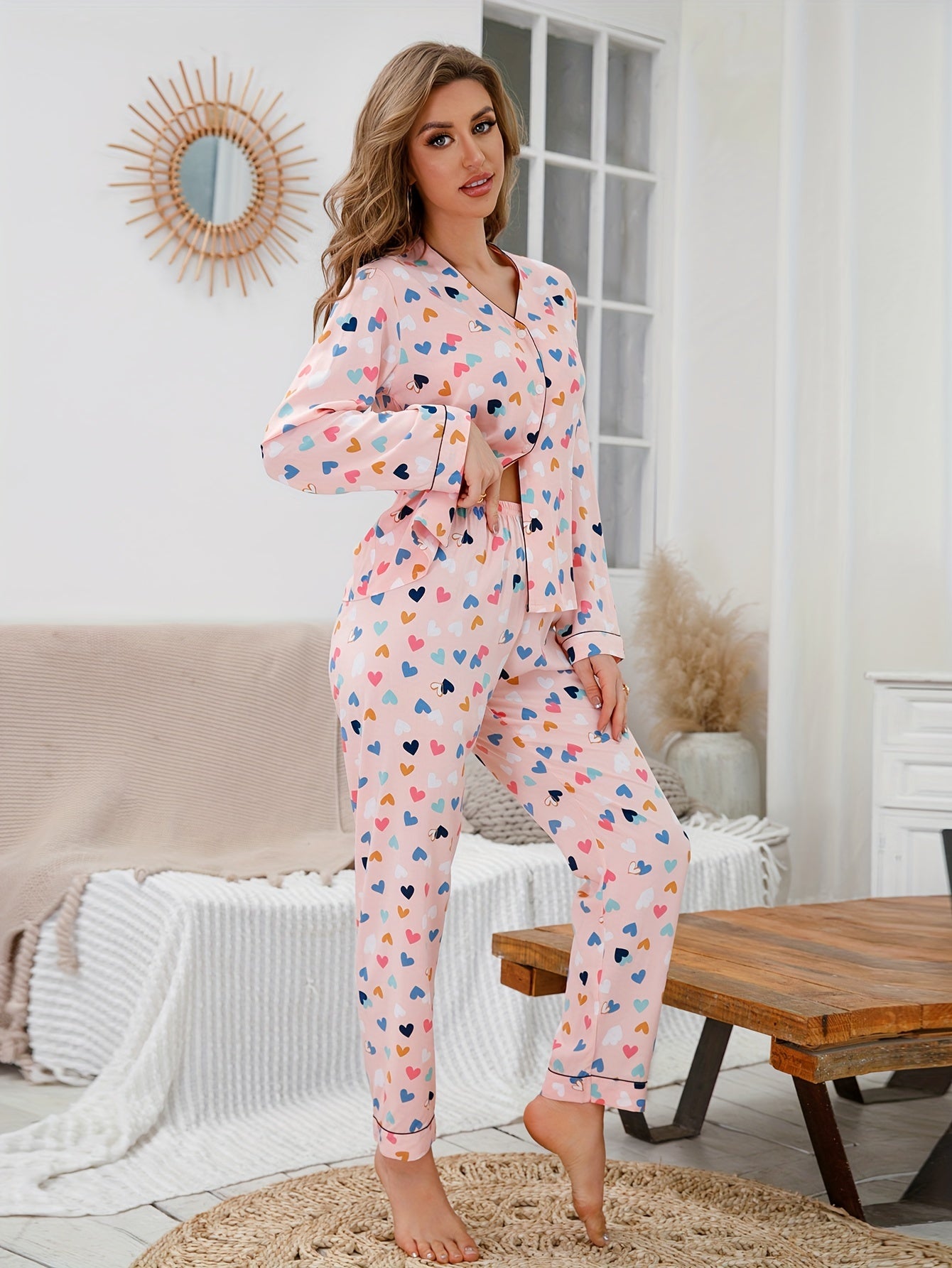 Heart Print Pajama Set Long Sleeve V Neck Buttons Top & Lounge Pants