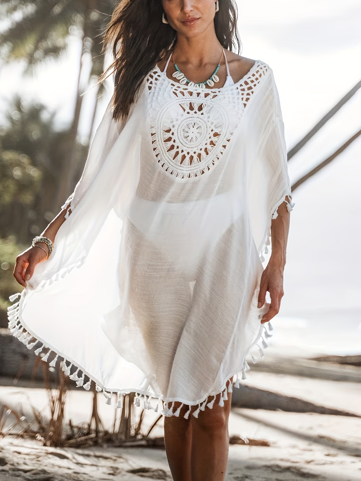 Boho Style Tassel Trim Cover Up Dress Kaftan