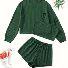 Waffle Knit Lounge Set - Three Piece Pajama Set