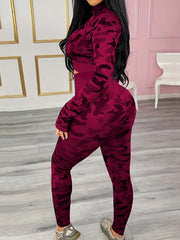Camo Print Long Sleeve Crop Top & Leggings Set