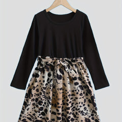 Girls Fall Dress Vintage Leopard Print Long Sleeve Casual Dresses